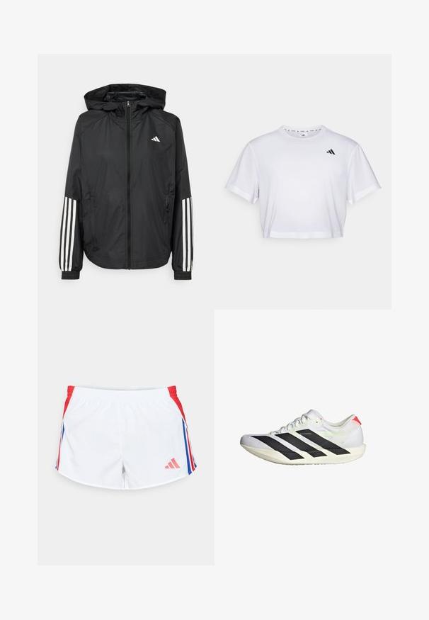 Giacca leggera nera con cappuccio, caratterizzata da una zip frontale completa, polsini elastici e accenti bianchi a tre strisce sulle maniche.; T-shirt bianco cropped realizzato in tessuto morbido, con maniche corte e scollo rotondo. Logo nero sul lato sinistro del petto.; Pantaloni sportivi bianchi con pannelli laterali rossi e strisce blu. Vita elastica e logo nella parte inferiore sinistra. Texture del tessuto liscia.; Scarpa da corsa bianca con strisce nere, tomaia in rete testurizzata, suola piatta e dettagli riflettenti. Presenta un design aerodinamico e chiusura con lacci.