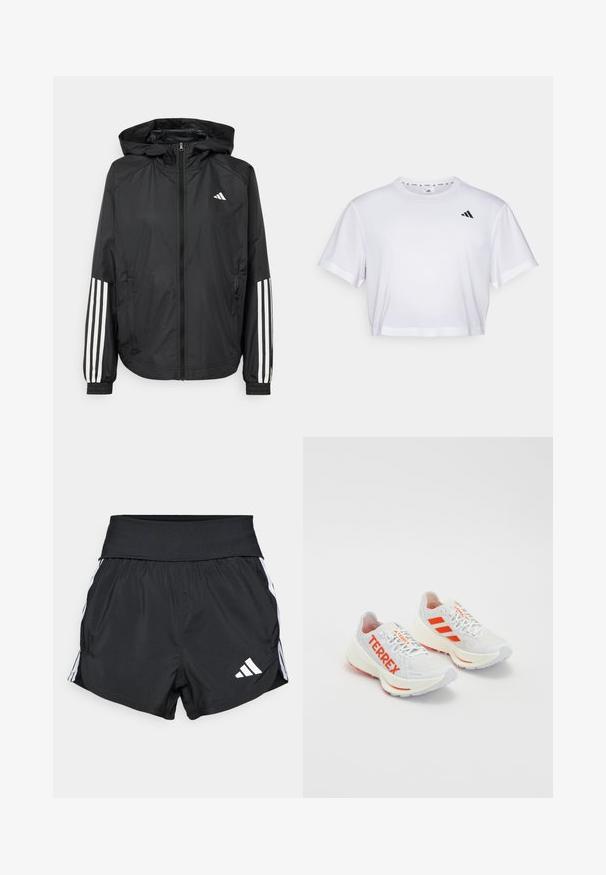 Svart lett jakke med hette, med full glidelås foran, elastiske mansjetter og hvite tre-stripes detaljer på ermene.; Hvit kortermet t-skjorte laget av mykt stoff, med korte ermer og rund hals. Svart logo på venstre bryst.; Sorte treningsshorts laget av lett materiale, med bred midjebånd, hvite sidestreker og en liten hvit logo på den nederste kanten.; Hvite joggesko med oransje detaljer. Mesh-materiale, avrundet tå, og tykk såle. "TERREX" trykt på yttersiden og tre striper på hælen.