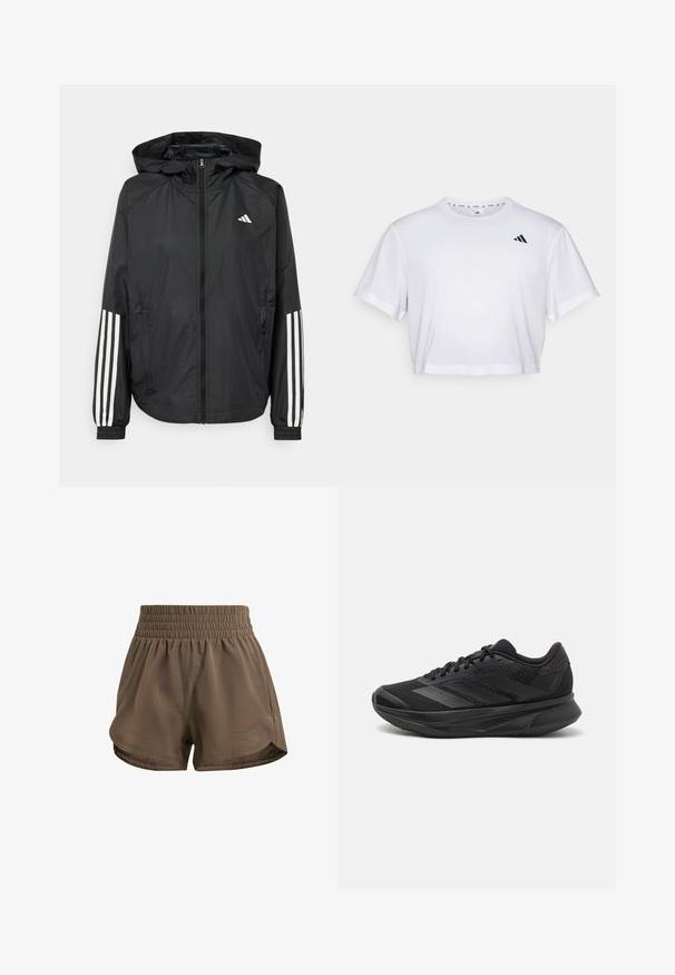 Casaco leve preto com capuz, apresentando um fecho de correr na frente, punhos elásticos e detalhes em branco com três riscas nas mangas.; T-shirt branca corta feita de tecido suave, com mangas curtas e decote redondo. Logotipo preto no lado esquerdo do peito.; Calções atléticos castanhos com uma cintura elástica, apresentando um corte solto, aberturas laterais e um logótipo discreto no canto inferior.; Sapatilha de corrida preta com parte superior em malha respirável, bico arredondado, design elegante, detalhes texturizados e sola acolchoada para conforto.