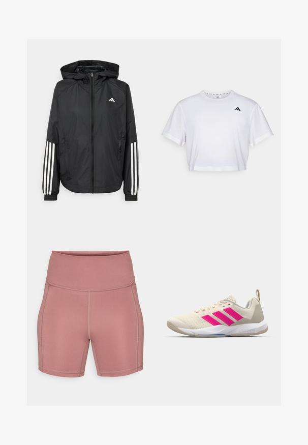 Giacca leggera nera con cappuccio, caratterizzata da una zip frontale completa, polsini elastici e accenti bianchi a tre strisce sulle maniche.; T-shirt bianco cropped realizzato in tessuto morbido, con maniche corte e scollo rotondo. Logo nero sul lato sinistro del petto.; Under Armour MIDDIE SHORT - Leggings - maroon mist/dark maroon; Scarpa sportiva beige con logo a tre strisce rosa, tomaia in rete testurizzata, collo imbottito e suola in gomma bianca, con il marchio "LIGHTSTRIKE".