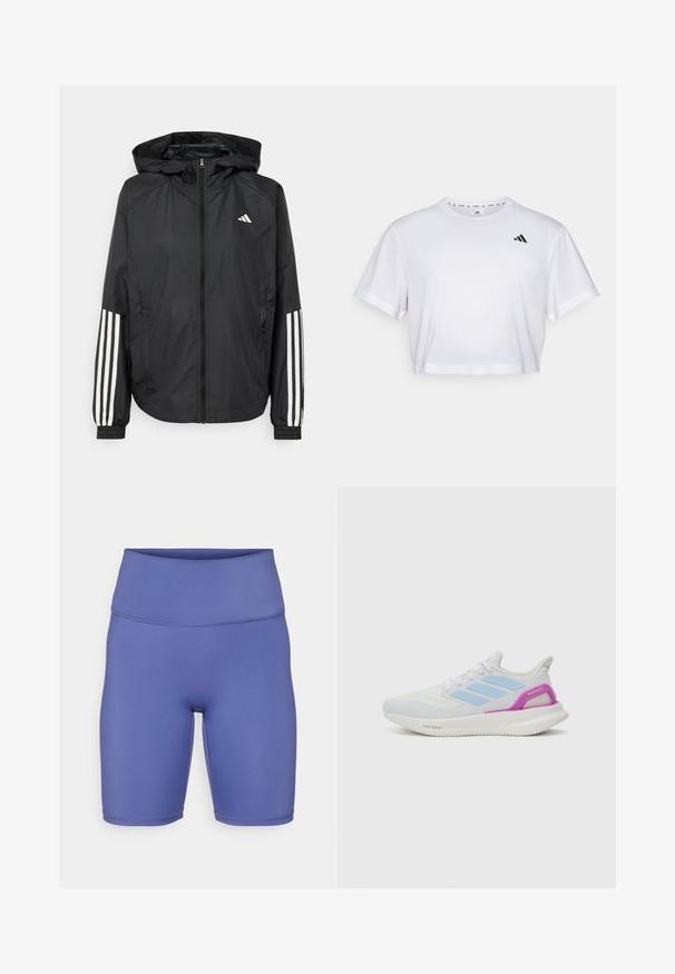 Fekete, könnyű dzseki kapucnival, teljes cipzárral, elasztikus mandzsettákkal és fehér, háromcsíkkal díszített ujjakon.; Fehér, rövid szabású póló, puha anyagból készült, rövid ujjakkal és kerek nyakkivágással. Fekete logó a bal mellen.; Magas derekú kerékpáros rövidnadrág egyszínű levendula anyagból. Simább textúra varrási részletekkel és testhezálló kialakítással a kényelem és a mozgékonyság érdekében.; adidas Performance PUREBOOST 5 - Utcai futócipők - white/glow blue/purple burst