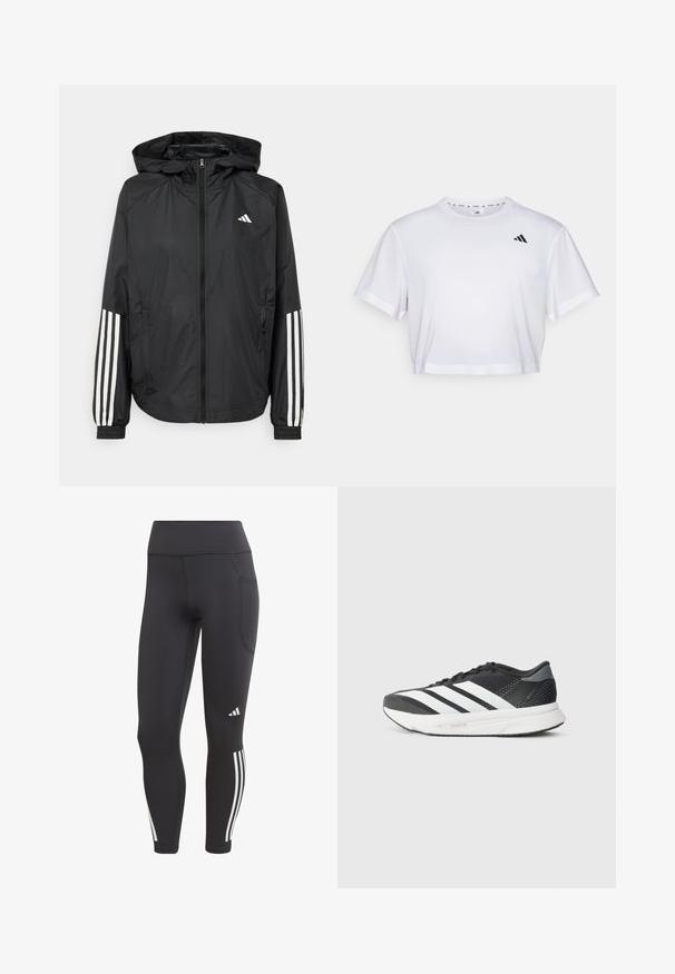 Veste légère noire avec capuche, dotée d'une fermeture à glissière intégrale, de poignets élastiques et d'accents blancs à trois rayures sur les manches.; T-shirt blanc court en tissu doux, avec des manches courtes et un col rond. Logo noir sur la poitrine gauche.; adidas Performance DAILYRUN 3S 7/8 - Leggings - black; Chaussure de sport noire avec des rayures blanches, tige en maille, semelle rembourrée et un design épuré. Accents gris au niveau du talon et de la languette.