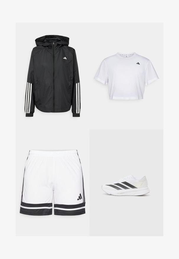 Schwarze, leichte Jacke mit Kapuze, die einen durchgehenden Reißverschluss, elastische Bündchen und weiße dreistreifige Akzente an den Ärmeln aufweist.; Weißes, kurzes T-Shirt aus weichem Stoff, mit kurzen Ärmeln und rundem Ausschnitt. Schwarzes Logo auf der linken Brust.; Weiße Sportshorts mit schwarzen Akzenten, ausgestattet mit einem dehnbaren Bund und kontrastierenden schwarzen Streifen entlang des Saums und der Seiten.; Weißer Sportschuh mit schwarzen diagonalen Streifen, Mesh-Obermaterial, abgerundetem Zehenbereich und strukturiertem Profil. Akzente sind ein silberner Heel und ein minimalistisches Design.