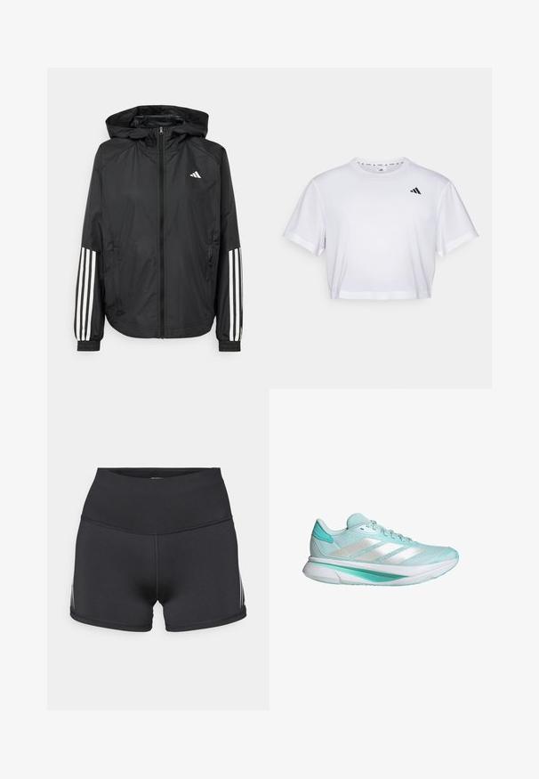 Schwarze, leichte Jacke mit Kapuze, die einen durchgehenden Reißverschluss, elastische Bündchen und weiße dreistreifige Akzente an den Ärmeln aufweist.; Weißes, kurzes T-Shirt aus weichem Stoff, mit kurzen Ärmeln und rundem Ausschnitt. Schwarzes Logo auf der linken Brust.; Schwarze Sportshorts mit hohem Bund, aus elastischem Stoff. Mit weißen Seitenstreifen und Flatlock-Nähten für zusätzlichen Komfort.; Leichte Laufschuhe aus hellblauem Mesh mit silbernen Akzenten, einer aerodynamischen Form und einer gepolsterten weißen Sohle mit türkisfarbenen Details.
