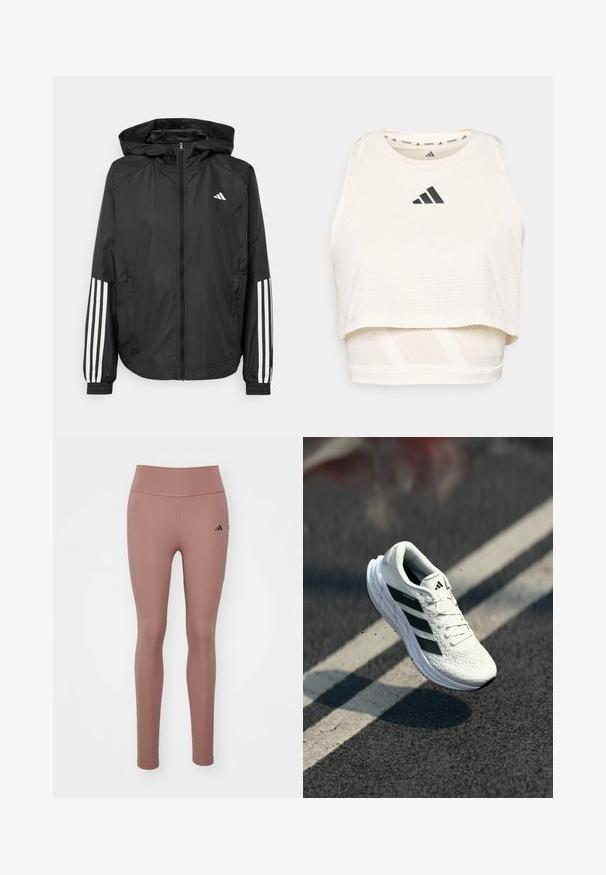 Sort letvægtsjakke med hætte, der har fuld lynlås fortil, elastiske manchetter og hvide tre-stribede detaljer på ærmerne.; Hvid atletisk crop top lavet af åndbart stof. Har en rund halsudskæring, perforeret tekstur og et sort logo på fronten.; Lyserøde atletiske leggings lavet af strækbart stof. Høj talje-design med en glat tekstur og et lille sort logo på venstre hofte.; Hvid løbesko med tekstureret overdel, sort tre-stribe design, polstret krave og let sål, placeret i midt-luft over en vejoverflade.