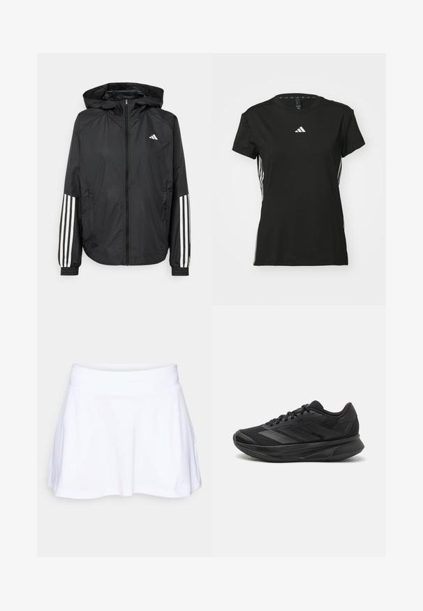 Musta kevyt takki hupparilla, jossa on täysipitkä vetoketju, elastiset hihansuut ja valkoiset kolmonauha-tyyliset yksityiskohdat hihoissa.; Mustat urheilu t-paita lyhyillä hihoilla, valmistettu synteettisestä materiaalista. Sisältää pienen valkoisen logon rinnassa ja valkoiset raidat sivuilla.; adidas Performance CLUB SKIRT POCKET - Urheiluhame - white; Mustat juoksukengät, joissa on hengittävä verkkoyläosa, pyöreä varvas, sulavalinjainen muotoilu, teksturoidut yksityiskohdat ja pehmustettu pohja mukavuutta varten.