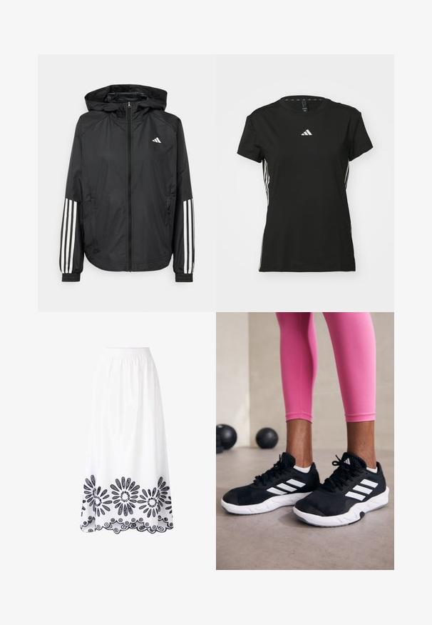 Jachetă ușoară neagră cu glugă, cu fermoar pe întreaga lungime, manșete elastice și accente albe cu trei dungi pe mâneci.; Tricou athletic negru cu mâneci scurte, fabricat dintr-un material sintetic. Prezintă un mic logo alb pe piept și dungi albe pe laterale.; Fustă lungă albă din material, cu talie elastică. Prezintă broderie florală complicată de culoare albastră închisă de-a lungul tivului și a marginii ondulate.; Adidași negri cu dungi albe, suprafață din plasă texturată și talpă albă. Purtați cu colanți roz, evidențiind îmbrăcămintea sport.