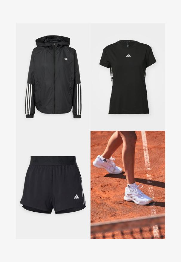Melnā vieglā jaka ar kapuci, ar pilnu rāvējslēdzēju priekšā, elastīgām aprocēm un baltām trīs svītru akcentiem uz piedurknēm.; Melna sporta T-kreklu ar īsām piedurknēm, izgatavots no sintētiska materiāla. Tam ir mazs balts logo uz krūšu daļas un baltas svītras sānos.; Melni sporta šorti ar elastīgu jostu, ar teksturētu joslu, sānu svītrām un baltu Adidas logo apakšējā malu.; Baltas sporta apavi ar strukturētiem augšējiem materiāliem un auklām, ar sānu svītrām, valkāti ar baltām zeķēm uz oranžā māla seguma.