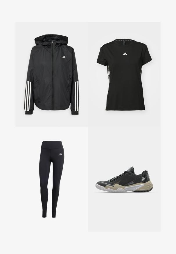 Sort letvægtsjakke med hætte, der har fuld lynlås fortil, elastiske manchetter og hvide tre-stribede detaljer på ærmerne.; Sort athletic t-shirt med korte ærmer, lavet af syntetisk materiale. Har et lille hvidt logo på brystet og hvide striber på siderne.; Sorte leggings lavet af strækbart materiale, med en høj talje og et lille hvidt logo, samt en glat, mat finish.; Sort og beige atletisk sko med struktureret overdel, fremtrædende såledesign, reflekterende accenter og snørresystem. Letvægtskonstruktion.