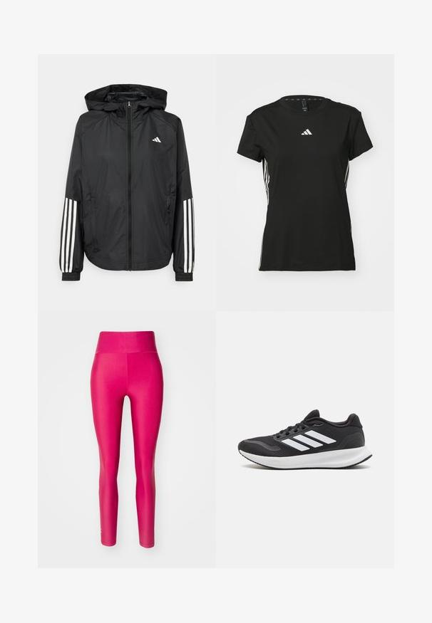 Μαύρο ελαφρύ μπουφάν με κουκούλα, με πλήρη φερμουάρ μπροστά, ελαστικούς καρπούς και λευκές τριπλές ρίγες στα μανίκια.; Μαύρο αθλητικό t-shirt με κοντά μανίκια, φτιαγμένο από συνθετικό υλικό. Διαθέτει ένα μικρό λευκό λογότυπο στο στήθος και λευκές ρίγες στα πλάγια.; Ψηλόμεσο, εφαρμοστό κολάν σε έντονο ροζ, φτιαγμένο από ελαστικό υλικό, σχεδιασμένο για άνεση και ευελιξία, χωρίς ορατά σχέδια ή αξεσουάρ.; Μαύρο αθλητικό παπούτσι με πλέγμα στο άνω μέρος, στρογγυλή μύτη και τρεις λευκές ρίγες στο πλάι. Ελαφρύ πάτο με υφασμάτινη σόλα από καουτσούκ για καλύτερη πρόσφυση.