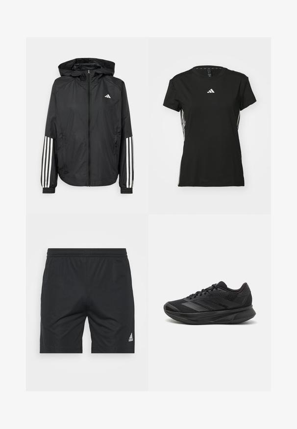 Zwarte lichtgewicht jas met een capuchon, met een volledige ritssluiting aan de voorkant, elastische manchetten en witte accenten met drie strepen op de mouwen.; Zwarte sportt-shirt met korte mouwen, gemaakt van synthetisch materiaal. Bevat een klein wit logo op de borst en witte strepen aan de zijkanten.; Zwarte sportshorts gemaakt van gladde stof, met een elastische tailleband, rechte snit en een zilveren Adidas-logo aan de rechteronderkant.; Zwarte hardloopschoen met een ademende mesh bovenkant, ronde neus, slank ontwerp, textuuraccenten en een gevoerde zool voor comfort.