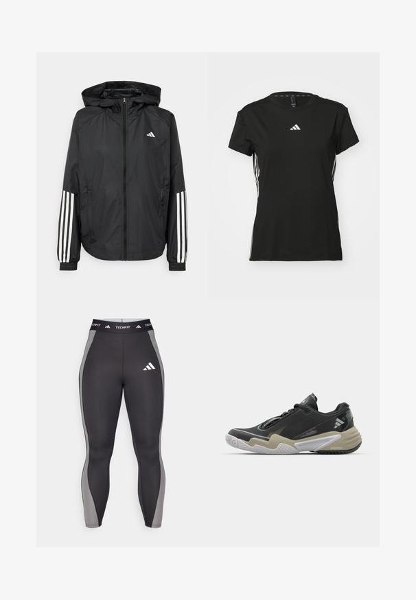 Black lightweight jacket with a hood, featuring a full zip front, elastic cuffs, and white three-stripe accents on sleeves.; Black athletic t-shirt with short sleeves, made of synthetic material. Features a small white logo on the chest and white stripes on the sides.; Black sports leggings with gray side panels, featuring a Techfit waistband and an adidas logo on the left thigh. Smooth, stretchy fabric.; Black and beige athletic shoe with textured upper, prominent sole design, reflective accents, and lacing system. Lightweight construction.