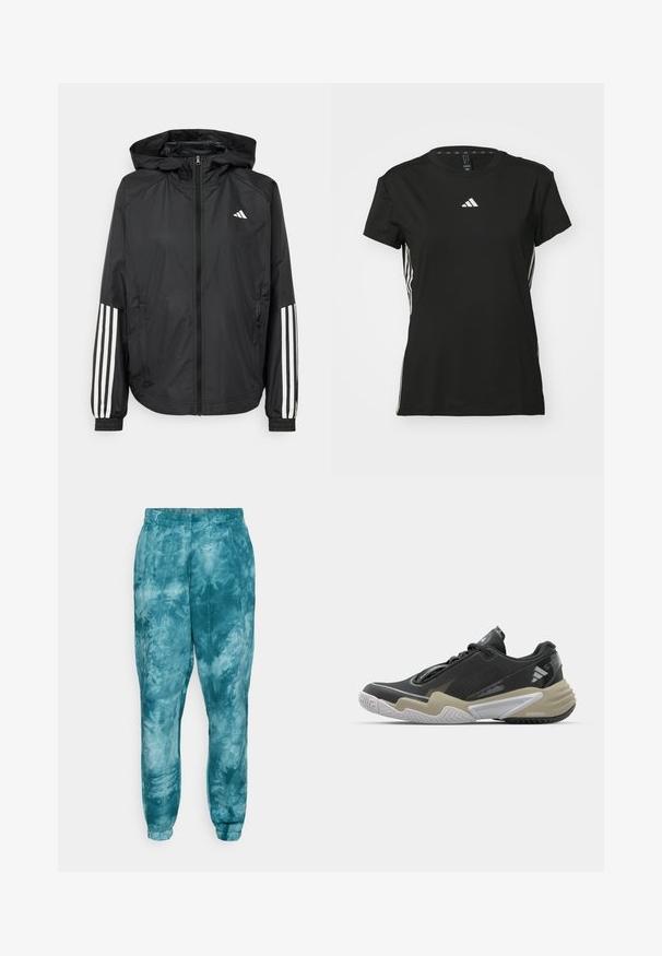 Juodas lengvas džemperis su gobtuvu, turi pilną užtrauktuką priekyje, elastingas rankovių gumytes ir baltus tris juostų akcentus ant rankovių.; Juodas sportinis marškinėliai su trumpomis rankovėmis, pagaminti iš sintetinio audinio. Savybė - mažas baltas logotipas ant krūtinės ir baltos juostelės šonuose.; Nebbia RE-FRESH - Treningo apatinė dalis - green; Juoda ir béžo spalvų sportinė avalynė su tekstūruota viršutine dalimi, išskirtiniu pado dizainu, atspindinčiomis detalėmis ir raištelių sistema. Lengva konstrukcija.