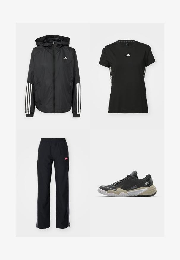 Svart lett jakke med hette, med full glidelås foran, elastiske mansjetter og hvite tre-stripes detaljer på ermene.; Svart atletisk t-skjorte med korte ermer, laget av syntetisk materiale. Har en liten hvit logo på brystet og hvite striper på sidene.; Svarte utebukser med elastisk midje, sidelommer og rosa logo. Har en rett ben design og kontrasterende grå detaljer.; Sorte og beige sportssko med teksturert overdel, fremtredende såledesign, refleksdetaljer og snøresystem. Lett konstruksjon.