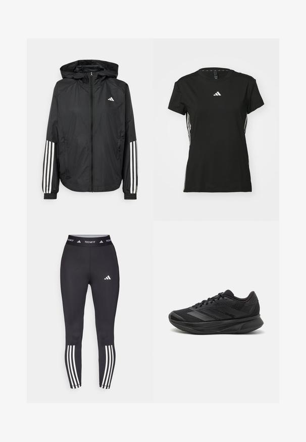 Black lightweight jacket with a hood, featuring a full zip front, elastic cuffs, and white three-stripe accents on sleeves.; Black athletic t-shirt with short sleeves, made of synthetic material. Features a small white logo on the chest and white stripes on the sides.; Black athletic leggings with a fitted design, featuring a TECHFIT waistband and three white stripes at the cuffs. Smooth texture.; Black running shoe with a breathable mesh upper, rounded toe, sleek design, textured accents, and a cushioned sole for comfort.