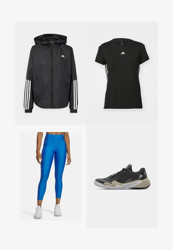 Black lightweight jacket with a hood, featuring a full zip front, elastic cuffs, and white three-stripe accents on sleeves.; Black athletic t-shirt with short sleeves, made of synthetic material. Features a small white logo on the chest and white stripes on the sides.; Blue athletic leggings made of stretchy, smooth fabric with a high waistband and a small logo detailing on the left calf.; Black and beige athletic shoe with textured upper, prominent sole design, reflective accents, and lacing system. Lightweight construction.