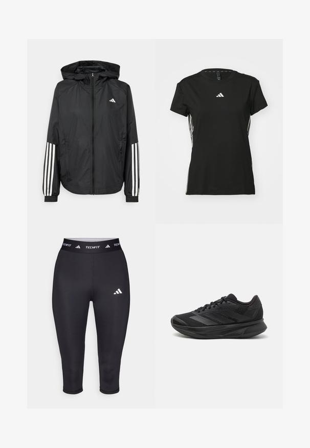 Black lightweight jacket with a hood, featuring a full zip front, elastic cuffs, and white three-stripe accents on sleeves.; Black athletic t-shirt with short sleeves, made of synthetic material. Features a small white logo on the chest and white stripes on the sides.; Black Techfit capri leggings made of stretchy material. Features a wide waistband with white branding and a small white logo on the thigh.; Black running shoe with a breathable mesh upper, rounded toe, sleek design, textured accents, and a cushioned sole for comfort.