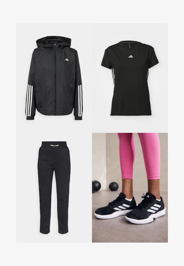 Crna lagana jakna s kapuljačom, s punim zdravo zatvaranjem, elastičnim manžetama i bijelim trostrukim trakama na rukavima.; Crni atletski majica s kratkim rukavima, napravljena od sintetičkog materijala. Ima mali bijeli logo na prsima i bijele pruge sa strane.; Crne atletske trenirke s mekom teksturom, s rebrastim pojasom i bočnim trakama te zatvaračem na rubu za prilagodljivu veličinu.; Crne atletske cipele s bijelim prugama, gornji dio od teksturirane mrežaste tkanine i bijelim potplatom. Nošene uz ružičaste tajice, prikazujući trenirku.