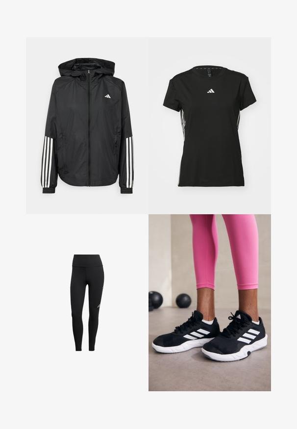 Crna lagana jakna s kapuljačom, s punim zdravo zatvaranjem, elastičnim manžetama i bijelim trostrukim trakama na rukavima.; Crni atletski majica s kratkim rukavima, napravljena od sintetičkog materijala. Ima mali bijeli logo na prsima i bijele pruge sa strane.; Crne tajice izrađene od rastezljivog materijala, karakterizirane visokim pojasom, elegantnim dizajnom i malim logotipom na donjem dijelu noge.; Crne atletske cipele s bijelim prugama, gornji dio od teksturirane mrežaste tkanine i bijelim potplatom. Nošene uz ružičaste tajice, prikazujući trenirku.