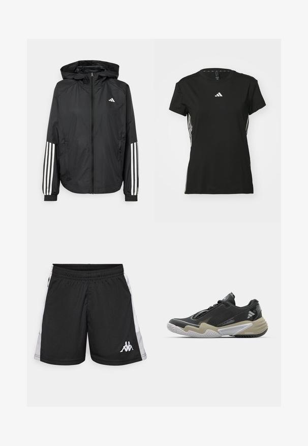 Svart lett jakke med hette, med full glidelås foran, elastiske mansjetter og hvite tre-stripes detaljer på ermene.; Svart atletisk t-skjorte med korte ermer, laget av syntetisk materiale. Har en liten hvit logo på brystet og hvite striper på sidene.; Svart trening shorts med hvite sidepaneler, elastisk midje, og hvit logo med to sittende figurer på nedre venstre ben.; Sorte og beige sportssko med teksturert overdel, fremtredende såledesign, refleksdetaljer og snøresystem. Lett konstruksjon.