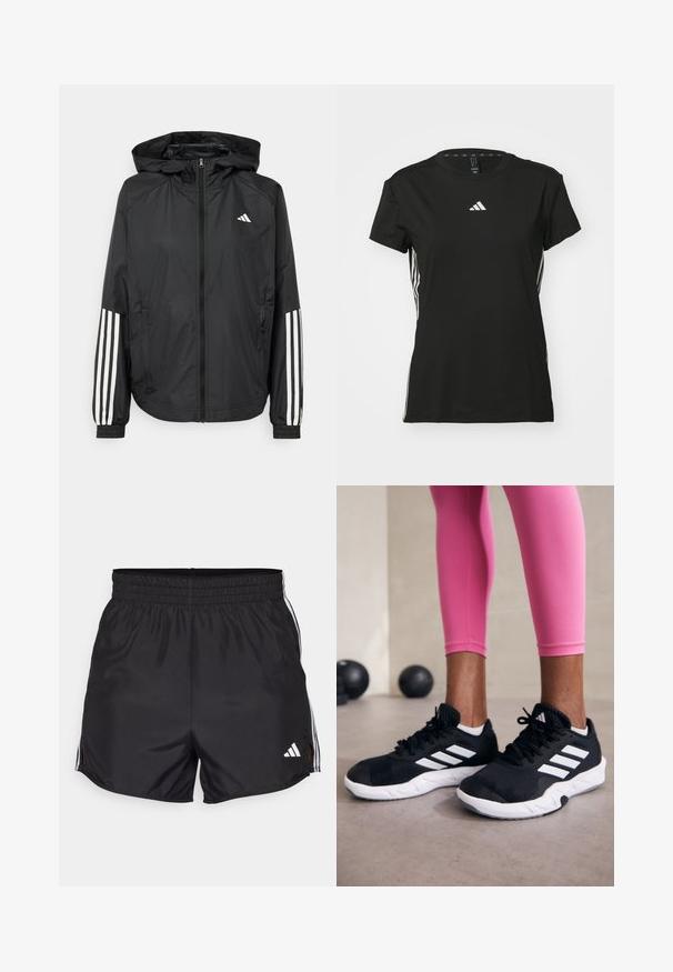 Casaco leve preto com capuz, apresentando um fecho de correr na frente, punhos elásticos e detalhes em branco com três riscas nas mangas.; T-shirt atlético preto com mangas curtas, feito de material sintético. Apresenta um pequeno logótipo branco no peito e riscas brancas nas laterais.; Calças de desporto pretas com uma cintura elástica, fendas laterais e detalhes em três riscas brancas. Apresenta um pequeno logótipo branco na parte inferior direita.; Sapatos de treino pretos com riscas brancas, parte superior em malha texturizada e sola branca. Usados com leggings cor-de-rosa, destacando roupa de treino.
