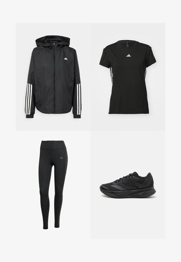 Black lightweight jacket with a hood, featuring a full zip front, elastic cuffs, and white three-stripe accents on sleeves.; Black athletic t-shirt with short sleeves, made of synthetic material. Features a small white logo on the chest and white stripes on the sides.; Black athletic leggings made of stretchy material, featuring a high waistband, tonal stitching, and a small logo on the upper left leg.; Black running shoe with a breathable mesh upper, rounded toe, sleek design, textured accents, and a cushioned sole for comfort.