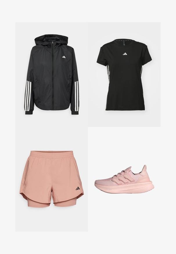 Veste légère noire avec capuche, dotée d'une fermeture à glissière intégrale, de poignets élastiques et d'accents blancs à trois rayures sur les manches.; T-shirt de sport noir à manches courtes, fabriqué en matériau synthétique. Présente un petit logo blanc sur la poitrine et des rayures blanches sur les côtés.; Shorts de sport roses avec une taille élastique, un design superposé, des poches latérales et un logo Adidas noir en bas à droite.; Des chaussures de sport roses avec une tige en tricot, un design à trois bandes et une semelle épaisse et rembourrée étiquetée "Light Boost". Fini texturé sur la tige.