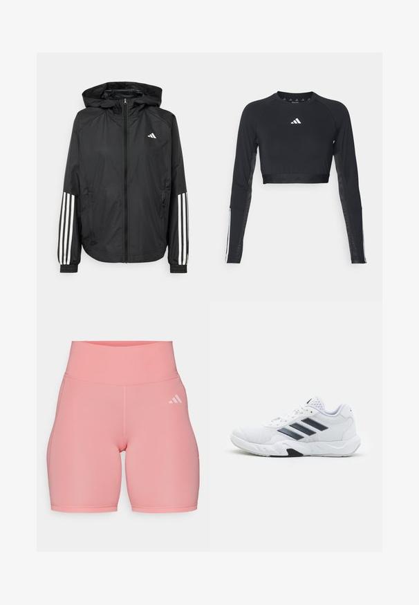 Melnā vieglā jaka ar kapuci, ar pilnu rāvējslēdzēju priekšā, elastīgām aprocēm un baltām trīs svītru akcentiem uz piedurknēm.; Melnā cropped garo piedurkņu treniņu krekls no gludas auduma. Uz krūšu daļas ir balta logo, un uz piedurknēm ir svītru akcenti.; adidas Performance Legingi - semi pink spark; Baltā sporta apavi ar sietu augšdaļu, trīs melnām svītrām sānos, teksturētām akcentiem un izturīgu gumijas zoli ar kontrastējošu melnu daļu.