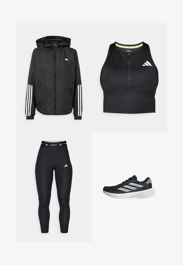 Musta kevyt takki hupparilla, jossa on täysipitkä vetoketju, elastiset hihansuut ja valkoiset kolmonauha-tyyliset yksityiskohdat hihoissa.; Musta urheilu crop top, jossa on vetoketju edessä, valmistettu sileästä kankaasta. Sisältää vihreän sisäkaula-aukon ja valkoisen logon sivussa.; Musta Techfit legginsit korkealla vyötäröllä, sileää kangasta, jossa on valkoinen Adidas-logo ja brändäystä vyötärön ympärillä.; Musta juoksukenkä, jossa on verkko-osa ylhäällä, kolme hopeista raitaa, valkoinen välipohja ja teksturoitu pohja. Varustettu pehmustetulla nilkkaremmeillä ja nauhakiinnityksellä.