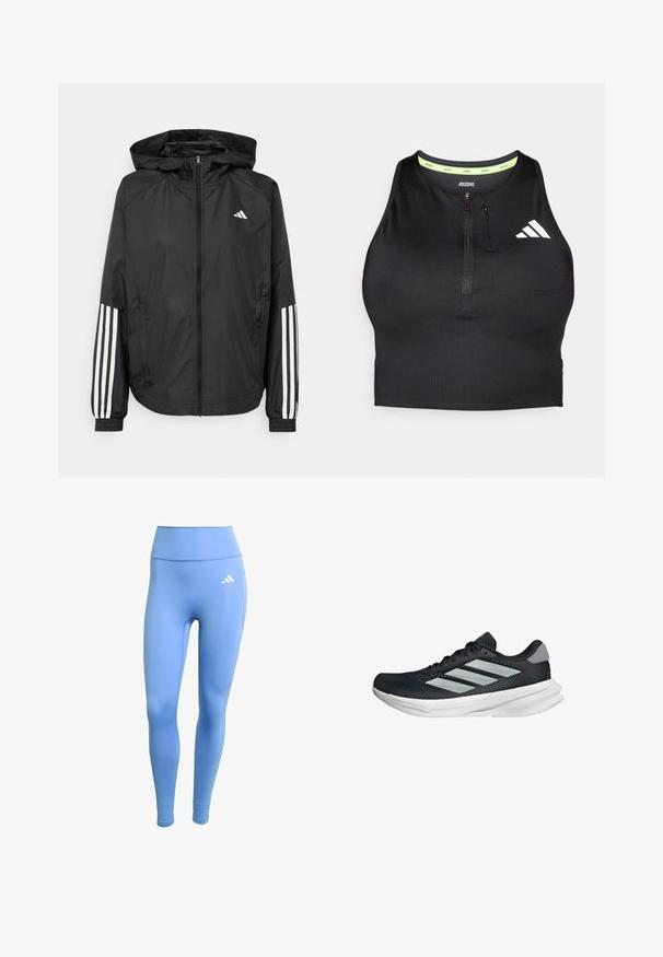 Černá lehká bunda s kapucí, která má plný zip vpředu, elastické manžety a bílé třípruhové akcenty na rukávech.; Černý sportovní crop top se zipem vpředu, vyrobený z hladkého materiálu. Obsahuje zelené vnitřní výstřih a bílé logo na boku.; Modré sportovní legíny vyrobené z elastické tkaniny. Vysoký pas a bílé logo Adidas na levé straně. Hladký povrch.; Černé běžecké boty s vrchní částí z prodyšné síťoviny, třemi stříbrnými pruhy, bílou mezipodešví a texturovanou podešví. Obsahují polstrovaný límec a šněrování.