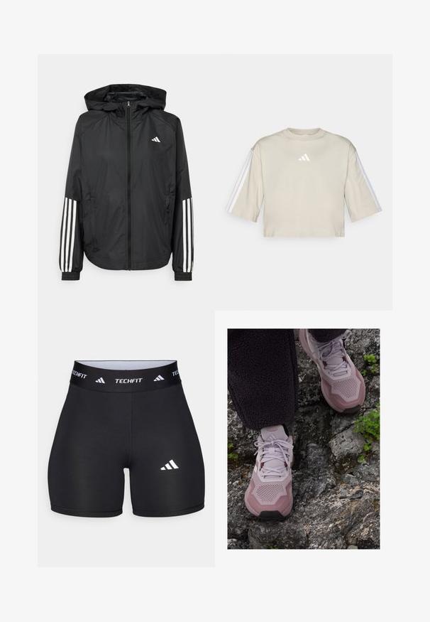 Black lightweight jacket with a hood, featuring a full zip front, elastic cuffs, and white three-stripe accents on sleeves.; Cropped beige t-shirt made from soft cotton. Features a round neckline, oversized short sleeves, and three white stripes on both sleeves.; Black shorts made from stretchy fabric with a fitted design. Features a wide black waistband labeled "TECHFIT" and a white logo on the leg.; Light purple athletic shoes with a textured mesh upper, reinforced toe, and rubber outsole, positioned on rocky terrain with green accents.