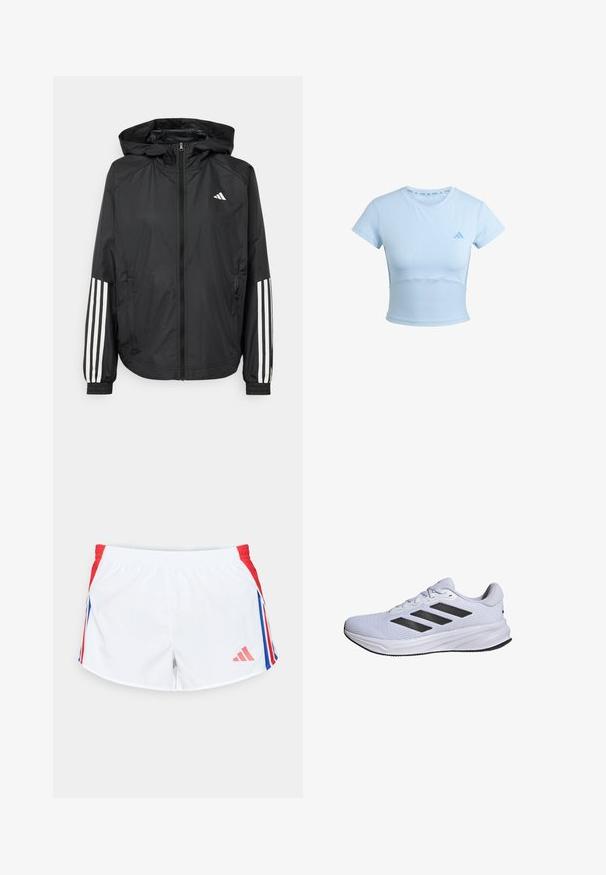 Chaqueta ligera negra con capucha, que cuenta con un cierre frontal de cremallera completa, puños elásticos y acentos blancos de tres rayas en las mangas.; Camiseta deportiva corta de color azul claro con mangas cortas, sección inferior acanalada y un logo sutil en el pecho. Textura suave, diseño ajustado.; Pantalones cortos deportivos blancos con paneles laterales rojos que presentan rayas azules. Cintura elástica y logotipo en la parte inferior izquierda. Textura de tela suave.; adidas Performance RESPONSE - Zapatillas running asfalto - cloud white core black cloud white