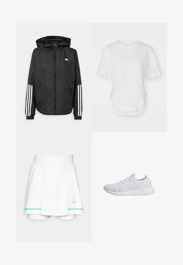 Fekete, könnyű dzseki kapucnival, teljes cipzárral, elasztikus mandzsettákkal és fehér, háromcsíkkal díszített ujjakon.; Fehér pamut póló, kerek nyakkivágással, rövid ujjakkal és ívelt alsó résszel. Simább textúrájú, minta vagy díszítés nélkül.; Fehér teniszszoknya beépített rövidnadrággal, széles derékpánttal, zöld hangsúlyos csíkokkal és logó részlettel a bal alsó részen.; Fehér sportcipő kötött felsőrésszel, texturált oldalsó panelekből és párnázott fehér talpból. Fűzőkkel és megerősített orr résszel rendelkezik.