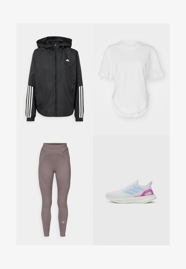 Mustikas kerge jope kapuutsiga, eesmise täispika zipiga, elastsete varrukate ja valgete kolme triibu aktsentidega varrukatel.; Valge puuvillane T-särk, millel on ümar kaelus, lühikesed varrukad ja kaardus ääreline. Sile tekstuur, ilma mustrite või aksessuaarideta.; adidas by Stella McCartney Retuusid - charcoal; adidas Performance PUREBOOST 5 - Maanteejooksu jalatsid - white/glow blue/purple burst