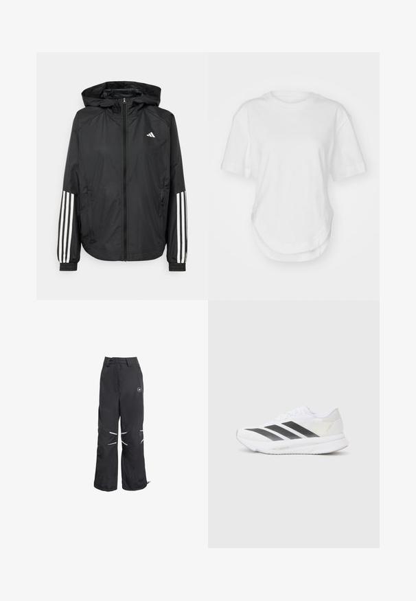 Casaco leve preto com capuz, apresentando um fecho de correr na frente, punhos elásticos e detalhes em branco com três riscas nas mangas.; T-shirt branca de algodão com decote redondo, mangas curtas e bainha curva. Textura suave sem padrões ou detalhes.; Calças largas pretas com detalhes refletantes nos joelhos, cintura alta com passadores de cinto, e um logo circular na parte superior da coxa direita.; Shoe atlético branco com riscas diagonais pretas, parte superior em malha, bico arredondado e sola texturizada. Os destaques incluem um calcanhar prateado e um design minimalista.