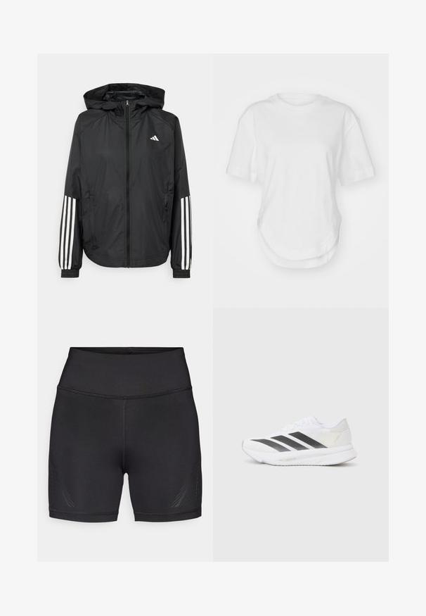 Črna lahka jakna s kapuco, z polnim zadrgo spredaj, elastikami na zapestjih in belimi tridelnimi poudarki na rokavih.; Bela bombažna majica s krožnim izrezom, kratkimi rokavi in ukrivljenim robom. Gladka tekstura brez vzorcev ali dodatkov.; adidas by Stella McCartney Pajkice - black; Bela atletska čevlja z črnimi diagonali, mrežastim zgornjim delom, zaobljenim nosom in teksturirano podplatom. Dodatki vključujejo srebrno peto in minimalističen dizajn.