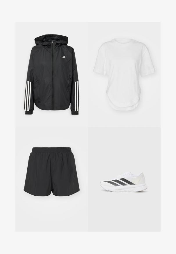 Crna lagana jakna s kapuljačom, s punim zdravo zatvaranjem, elastičnim manžetama i bijelim trostrukim trakama na rukavima.; Bijela pamučna majica s okruglim izrezom, kratkim rukavima i zakrivljenim rubom. Glatka tekstura bez uzoraka ili dodataka.; Crne trkačke kratke hlače s elastičnom pojasom, laganim materijalom i teksturiranim dizajnom s suptilnim bočnim detaljima.; Bijela atletska cipela s crnim dijagonalnim trakama, mrežastim gornjim dijelom, zaobljenim prstom i teksturiranim potplatom. Akcenti uključuju srebrnu petu i minimalistički dizajn.
