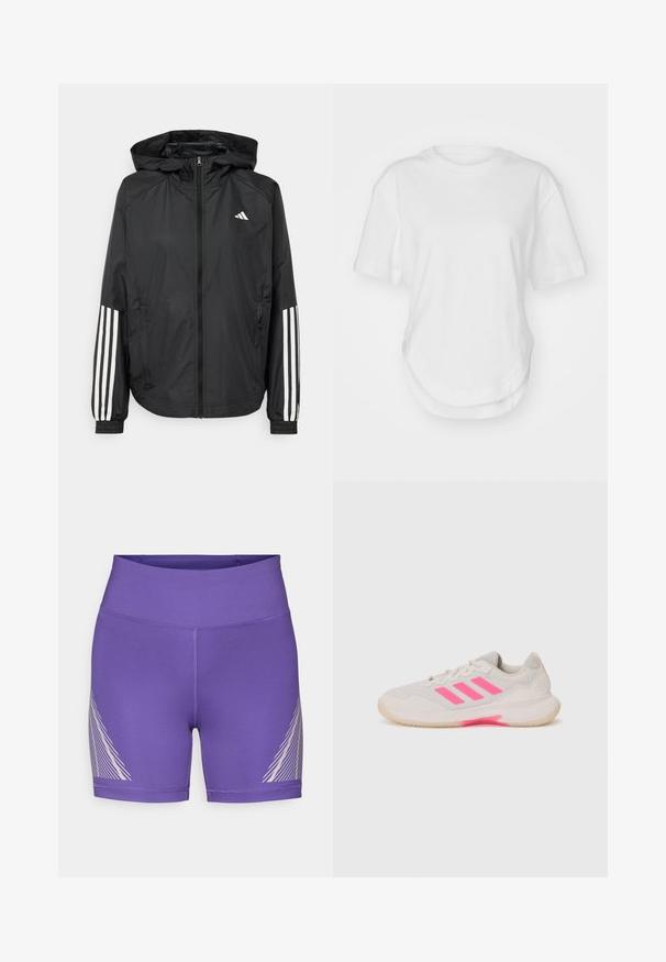 Casaco leve preto com capuz, apresentando um fecho de correr na frente, punhos elásticos e detalhes em branco com três riscas nas mangas.; T-shirt branca de algodão com decote redondo, mangas curtas e bainha curva. Textura suave sem padrões ou detalhes.; Calções atléticos roxos feitos de tecido elástico com cintura alta e padrão de linhas diagonais brancas no lado esquerdo.; Sapatilha desportiva cinza-claro com detalhes em rosa e três riscas. Apresenta uma parte superior em malha, língua almofadada e sola de borracha com tração.