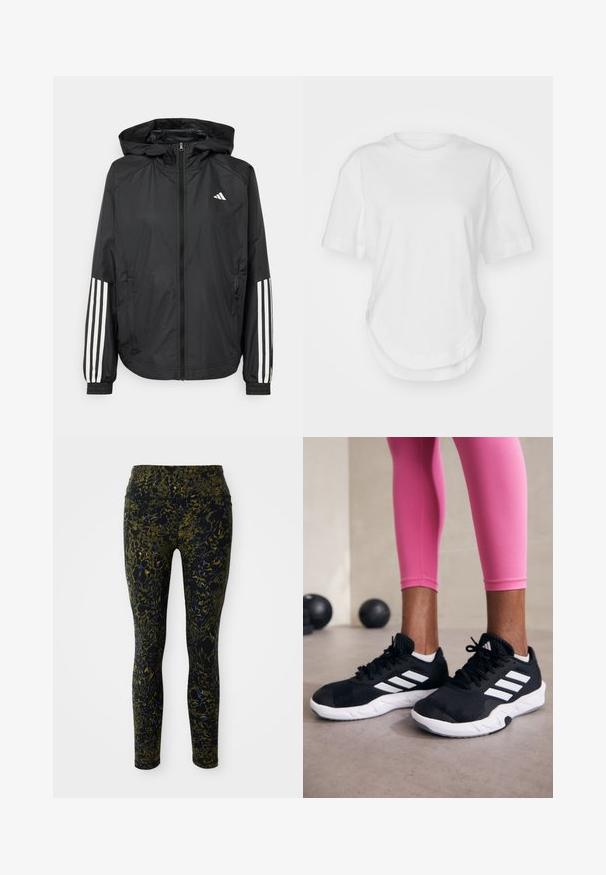 Casaco leve preto com capuz, apresentando um fecho de correr na frente, punhos elásticos e detalhes em branco com três riscas nas mangas.; T-shirt branca de algodão com decote redondo, mangas curtas e bainha curva. Textura suave sem padrões ou detalhes.; Leggings com uma base preta e um padrão abstrato de realces verdes e azuis. Tecido macio e elástico; cintura de altura média; silhueta ajustada.; Sapatos de treino pretos com riscas brancas, parte superior em malha texturizada e sola branca. Usados com leggings cor-de-rosa, destacando roupa de treino.