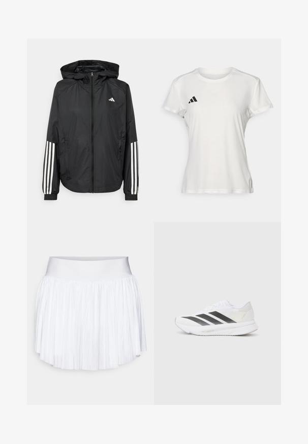 Crna lagana jakna s kapuljačom, s punim zdravo zatvaranjem, elastičnim manžetama i bijelim trostrukim trakama na rukavima.; Bijela atletska majica od tkanine koja upija vlagu. Kratki rukavi, okrugli izrez, s crnim logotipom i emblemom s tri pruge na lijevoj strani prsiju.; Bijela plisirana suknja kratkih hlača s glatkim, širokim pojasom i mekim, laganim materijalom. Ima teksturirani, slojeviti dizajn za dodatni volumen.; Bijela atletska cipela s crnim dijagonalnim trakama, mrežastim gornjim dijelom, zaobljenim prstom i teksturiranim potplatom. Akcenti uključuju srebrnu petu i minimalistički dizajn.