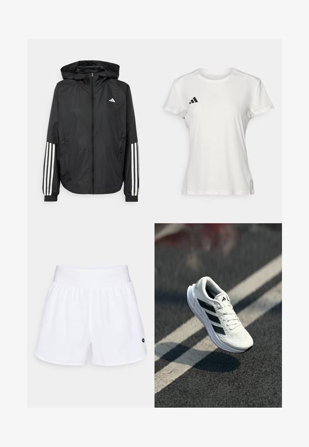 Chaqueta ligera negra con capucha, que cuenta con un cierre frontal de cremallera completa, puños elásticos y acentos blancos de tres rayas en las mangas.; Camiseta deportiva blanca hecha de tejido que absorbe la humedad. Mangas cortas, cuello redondo, presenta un logo negro y un emblema de tres rayas en el lado izquierdo del pecho.; Pantalones cortos deportivos de tela blanca con una cintura elástica y un pequeño logo en azul marino. Textura suave, hasta la rodilla, con aberturas laterales para mayor movilidad.; Zapatilla de running blanca con parte superior texturizada, diseño de tres rayas en negro, cuello acolchado y suela ligera, posicionada en el aire sobre una superficie de carretera.