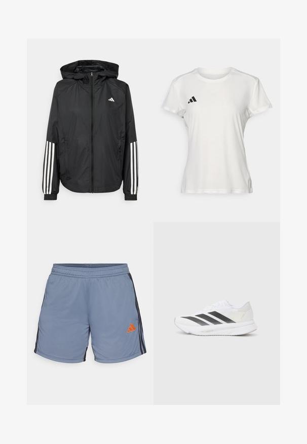 Črna lahka jakna s kapuco, z polnim zadrgo spredaj, elastikami na zapestjih in belimi tridelnimi poudarki na rokavih.; Bela športna majica iz tkanine, ki odvaja vlago. Kratke rokave, okroglo izrezan vrat, vsebuje črn logotip in emblem s tremi črtami na levem prsnem delu.; Svetlo modri športni šortki z elastičnim pasom, črnimi stranskimi črtami in oranžnim adidasovim logotipom na spodnji levi strani.; Bela atletska čevlja z črnimi diagonali, mrežastim zgornjim delom, zaobljenim nosom in teksturirano podplatom. Dodatki vključujejo srebrno peto in minimalističen dizajn.