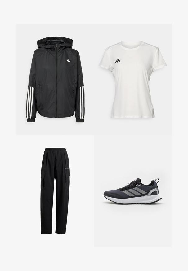 Čierna ľahká bunda s kapucňou, s celoprsným zipsom, elastickými manžetami a bielymi trojprúžkovými akcentmi na rukávoch.; Biely športový tričko vyrobené z tkaniny odvádzajúcej vlhkosť. Krátke rukávy, okrúhly výstrih, s čiernym logom a emblémom s tromi pruhmi na ľavej hrudi.; Čierne cargo nohavice s elastickým pásom, dvoma bočnými vreckami a mierne zúženým strihom nohavíc. Vyrobené z ľahkého materiálu.; Čierna športová obuv s vrchnou časťou z materiálu s mriežkovou štruktúrou, bielou medzipodrážkou, textúrovanou gumovou podrážkou a tromi šedými pruhmi po stranách. Obsahuje šnúrky a pútko.