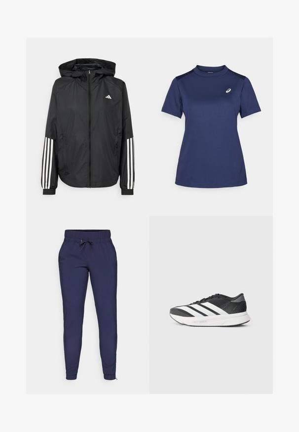 Črna lahka jakna s kapuco, z polnim zadrgo spredaj, elastikami na zapestjih in belimi tridelnimi poudarki na rokavih.; ASICS COURT TOP - Športne majice - midnight; Temno modri jogging hlače z elastičnim pasom in nastavljivo vrvico, s tesnjenimi hlačnicami in rebrastimi manšetami na gležnjih. Gladek tekstil.; Črne športne čevlje z belimi črtami, mrežastim zgornjim delom, oblazinjeno podplatom in elegantnim dizajnom. Sivi akcenti na peti in jezik.