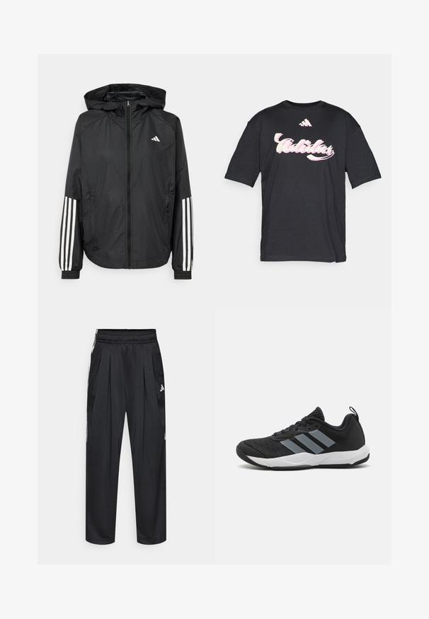 Svart lätt jacka med huva, som har full dragkedja framtill, elastiska ärmslut och vita tre-stripes accenter på ärmarna.; Svart t-shirt i bomull med en stor rosa och vit "Adidas"-logotyp och en adidas-emblem med tre ränder på bröstet. Korta ärmar.; Svarta träningsbyxor med veck, resår i midjan och sidoremmar. Tillverkade av mjukt tyg med Adidas-logotypen i vitt.; Svart atletisk sko med ljusgrå ränder, texturerad meshovandel, svarta snörningar och en vit sula. Har en dragflik på hälen.