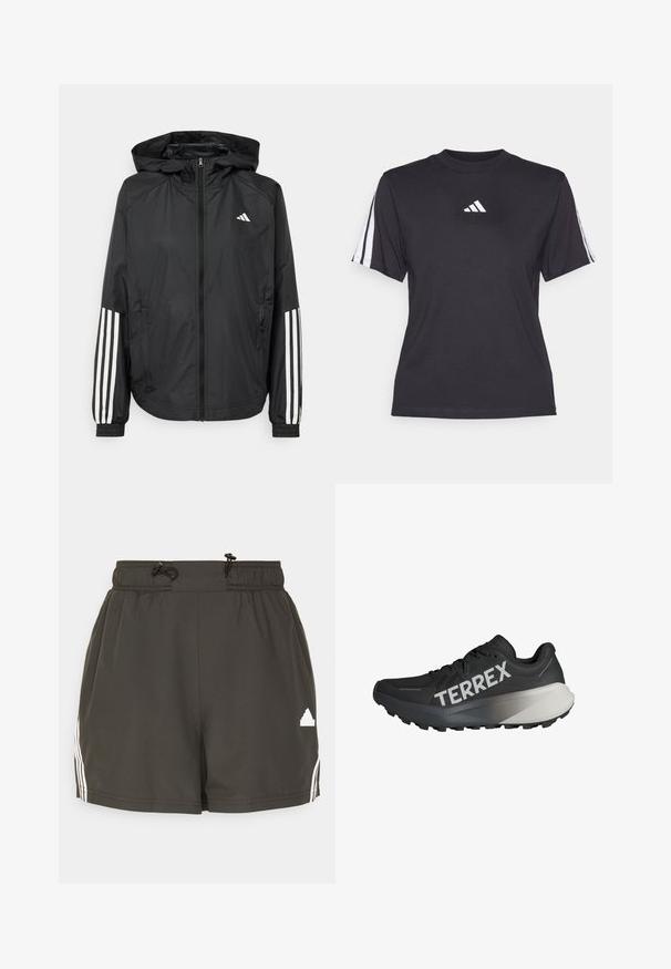 Black lightweight jacket with a hood, featuring a full zip front, elastic cuffs, and white three-stripe accents on sleeves.; Black athletic t-shirt made of soft fabric, featuring a crew neckline, short sleeves, and three white stripes on each shoulder. White logo on chest.; Black athletic shorts with elastic waistband, drawstring, side white stripes, and a small white logo on the lower hem. Smooth texture.; Black running shoe with a textured upper, prominent "TERREX" logo in white, tapered sole design, and a gradient gray accent on the heel.