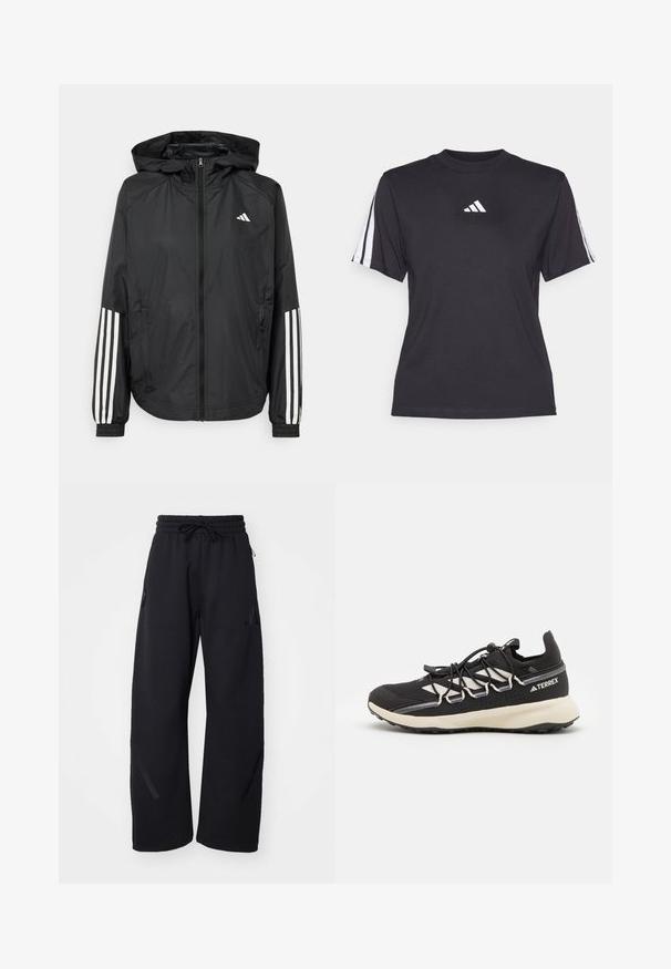 Jachetă ușoară neagră cu glugă, cu fermoar pe întreaga lungime, manșete elastice și accente albe cu trei dungi pe mâneci.; Tricou athletic negru, fabricat dintr-un material moale, cu guler rotund, mâneci scurte și trei dungi albe pe fiecare umăr. Logo alb pe piept.; Pantaloni de trening negri, cu un tiv elastic, șnur de ajustare, două buzunare laterale și accente subtile în dungi pe laturi. Textură a materialului moale.; Sculptură sportivă neagră cu un detaliu texturat pe parte superioară, accente albe în contrast, o talpă modelată și șireturi elastice. Prezintă un logo imprimat pe călcâi.