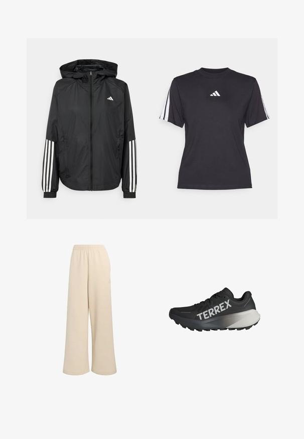 Musta kevyt takki hupparilla, jossa on täysipitkä vetoketju, elastiset hihansuut ja valkoiset kolmonauha-tyyliset yksityiskohdat hihoissa.; Musta urheilu t-paita pehmeästä kankaasta, jossa on pyöreä kaula-aukko, lyhyet hihat ja kolme valkoista raitaa kummallakin olkapäällä. Valkoinen logo rinnassa.; Beiget leveälahkeiset housut, joissa on joustava vyötärönauha. Valmistettu pehmeästä materiaalista, sivussa pieni logo. Sopivat rentoon käyttöön.; Musta juoksukenkä, jossa on tekstuuri yläosassa, näyttävä "TERREX" -logo valkoisena, kapeneva pohjadesign ja harmaan sävyinen gradientti kantapäässä.