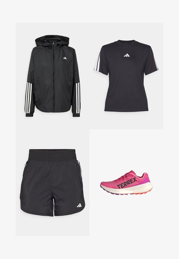 Crna lagana jakna s kapuljačom, s punim zdravo zatvaranjem, elastičnim manžetama i bijelim trostrukim trakama na rukavima.; Crna atletska majica od mekanog materijala, s okruglim izrezom, kratkim rukavima i tri bijele pruge na svakom ramenu. Bijeli logo na prsima.; Crne atletske kratke hlače s elastičnom trakom u struku, bočnim džepovima i bijelim prugama sa strane. Izrađene su od laganog materijala.; Roza sportska cipela s "TERREX" oznakom, lagani mrežasti gornji dio, ublaženi bijeli međusloj, i višebojna gumena potplat s zaštitom od klizanja.