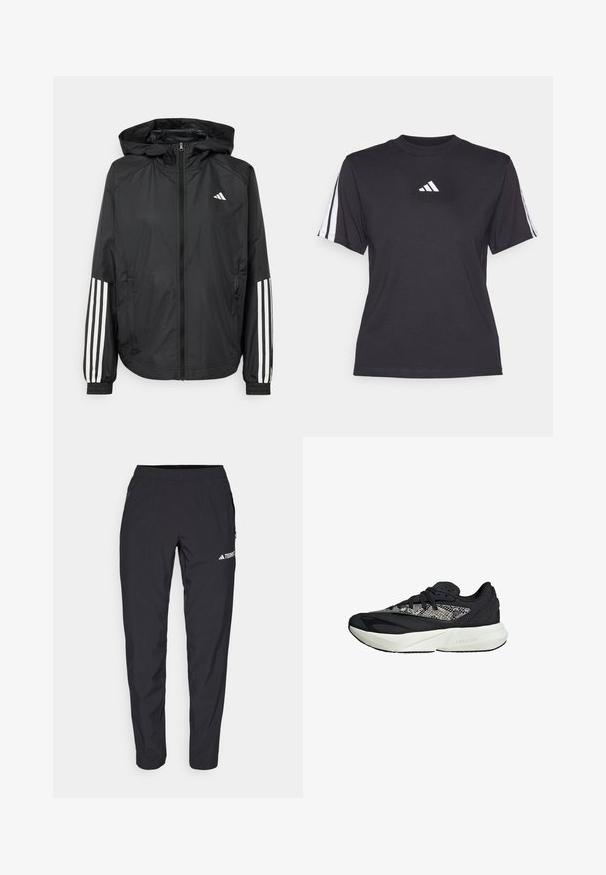 Schwarze, leichte Jacke mit Kapuze, die einen durchgehenden Reißverschluss, elastische Bündchen und weiße dreistreifige Akzente an den Ärmeln aufweist.; Schwarzes Sport-T-Shirt aus weichem Material, mit Rundhalsausschnitt, kurzen Ärmeln und drei weißen Streifen auf jeder Schulter. Weißes Logo auf der Brust.; Schwarze Sporthose aus leichtem, dehnbarem Material mit elastischem Bund und seitlichen Reißverschlusstaschen. Mit weißem Logo am Oberschenkel.; Schwarz-graue Sneaker mit einem strukturierten Strickobermaterial, weißer Zwischensohle mit "LIGHTSTRIKE"-Branding und einer abgerundeten Zehenform.